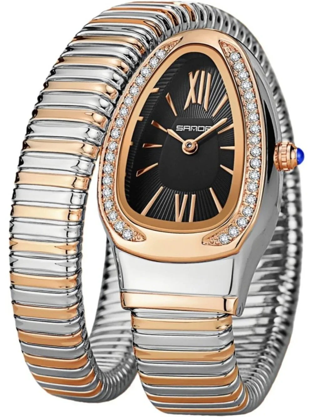 Women's Rose Silver Black Elegant Wrap Around Bangle Fashion Snake Cuff Watch